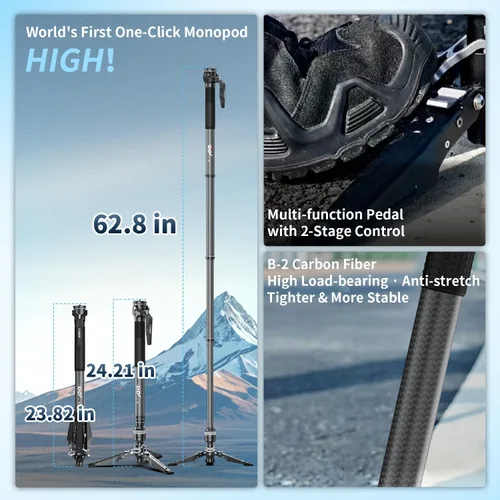 Vista 3 de COMAN Monopod de fibra de carbono M1 de 62.8 pulgadas para cámara, monopie de elevación con un solo clic con pies, compacto para viajes, carga