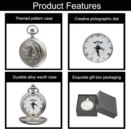 Vista 4 de SIMAOTE Fullmetal Alchemist Pocket Watch Vintage Quartz Pocket Watch with Chain for Men Women Cosplay Accessories Anime Merch