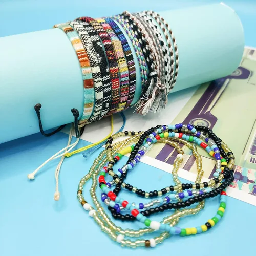 Vista 2 de Pulseras de playa boho surfistas, tobilleras ajustables con cuentas, pulseras trenzadas hippies hechas a mano, impermeables, pulseras de cuerda