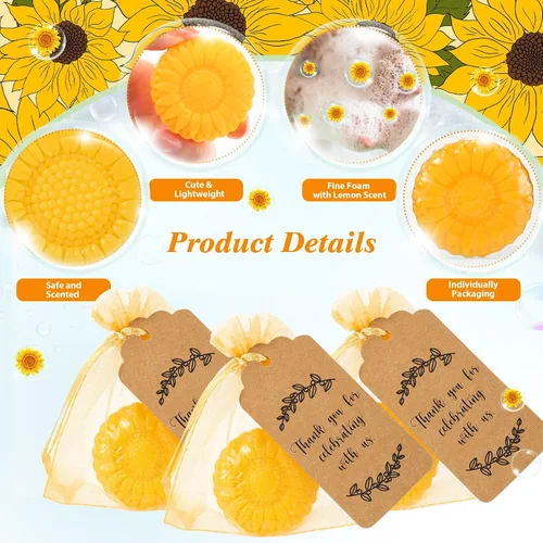 Vista 3 de Demissle Juego de 50 recuerdos de fiesta de boda, regalos de jabón de girasol para invitados con etiqueta de agradecimiento, bolsas de regalo
