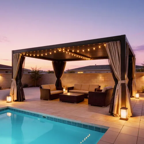 Vista 11 de Domi - Pérgola de aluminio para exteriores de 10 x 10 pulgadas con cortinas y malla Marrón oscuro