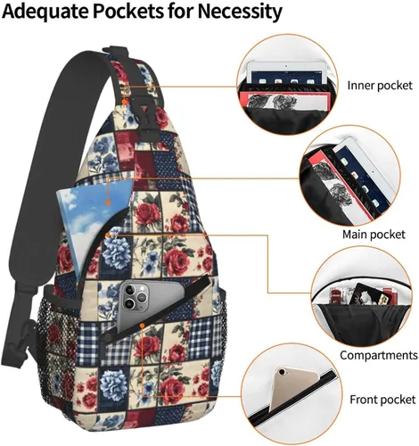 Vista 4 de Small Crossbody Bags for Women Men - Vintage Rose Check Print Adjustable Shoulder Bag Fanny Packs Belt Sling Bag Crossbody Purses Backpack for