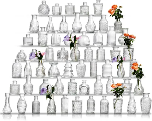 Vista 13 de Juego de jarrones de cristal para capullos de 20 piezas - Jarrones pequeños para flores a granel - Jarrones de cristal vintage surtidos para flores