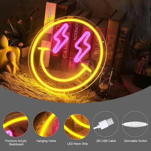 Vista 2 de Letrero de neón Lightning Eyes Smile – 13"x12.2" luz LED de pared con brillo regulable de 5 niveles – decoración de habitación divertida