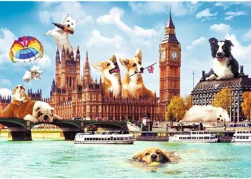 Vista 2 de TREFL Rompecabezas de 1000 piezas, perros en Londres, rompecabezas de perros, Corgi, Bulldog, Westie, rompecabezas para adultos, Trefl 10596