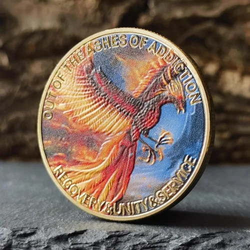 Vista 3 de Fuera de las cenizas de la adicción Phoenix Sobriety Chip AA Medallón Serenity Prayer Challenge Coin