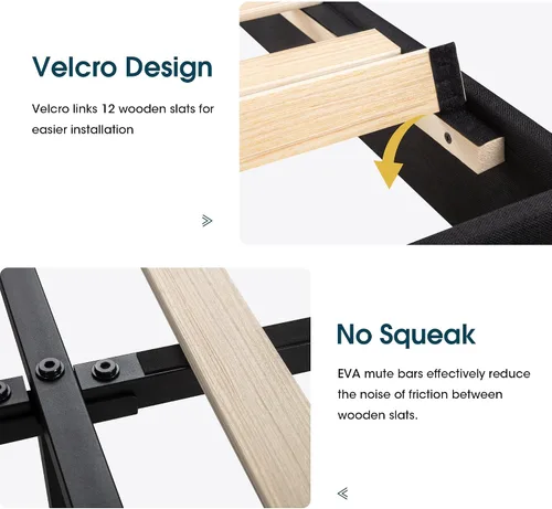 Vista 7 de WEEWAY Base de cama tapizada de tamaño matrimonial con cabecera copetuda con respaldo de alas, plataforma moderna con soporte de listones de madera