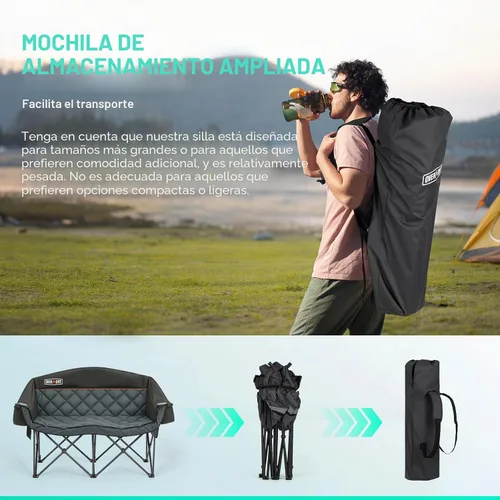 Vista 8 de Overmont Silla de camping doble de gran tamaño, plegable portátil con bolsa Loveseat Negro