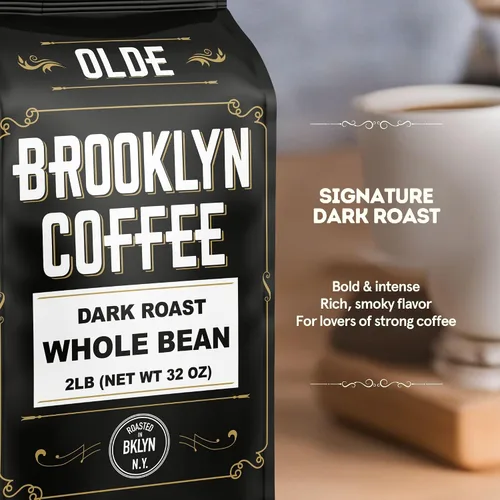 Vista 2 de Café de grano entero OLDE BROOKLYN COFFEE, tostado oscuro clásico (0.91 kg) Sabor audaz y suave, aroma intenso - Granos de café frescos en granel