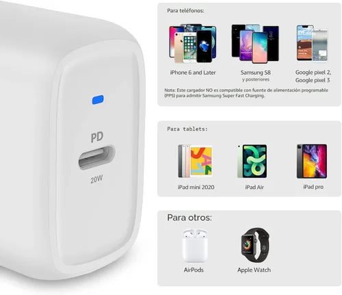 Vista 4 de Amazon Basics Cargador de pared USB-C de un puerto de 20W con Power Delivery PD para tabletas y teléfonos