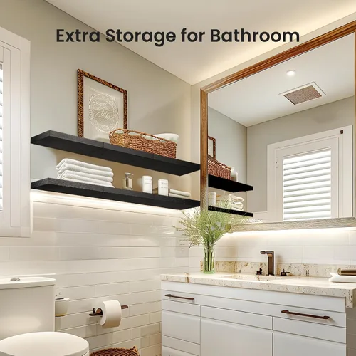 Vista 6 de AMADA HOMEFURNISHING - Estantes flotantes negros, estantes de pared con soportes invisibles para dormitorio, baño, sala de estar, cocina, juego de 3