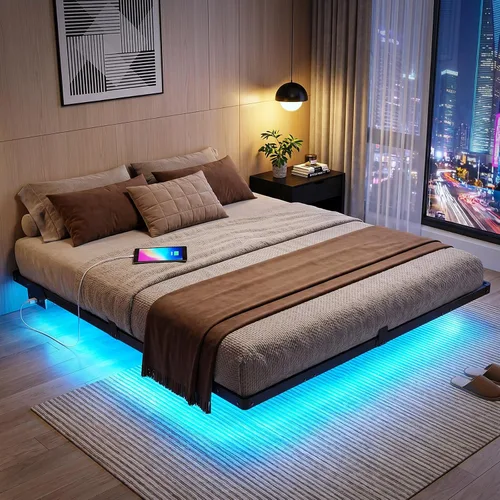 Vista 10 de Liians Marco de cama flotante moderno de tamaño completo con luces LED inteligentes, estación de carga USB, plataforma de metal resistente,