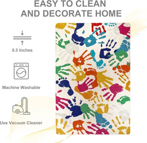 Vista 3 de STARUIA - Alfombra de huellas de manos y pies para niños para sala de juegos, alfombra de guardería lavable de 3 x 5 pies de colores para habitación