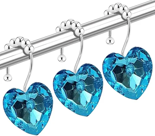 Vista 6 de Ganchos de cortina de ducha de cristal negro con diamantes para baño, 12 unidades, anillos de acero inoxidable plateados a prueba de óxido, colgador