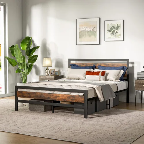 Vista 11 de Giantex Base de cama de metal con estación de carga, plataforma industrial con cabecera de almacenamiento, base de colchón resistente, fácil