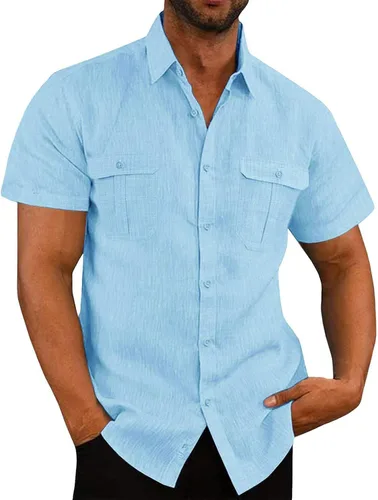 Vista 11 de Men's Cuban Guayabera Linen Shirts Solid Color Casual Short Sleeve Button Down Shirt Summer Beach Tops with Pockets