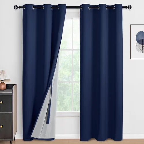 Vista 139 de DWCN - Cortinas 100% opacas para dormitorio con forro negro, cortinas de ventana de doble capa con aislamiento térmico que oscurecen toda la Azul