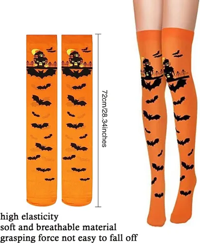 Vista 3 de Medias altas hasta el muslo de Halloween para mujer, color negro y calabaza, tela de araña, murciélago, medias largas hasta el muslo, calcetines por