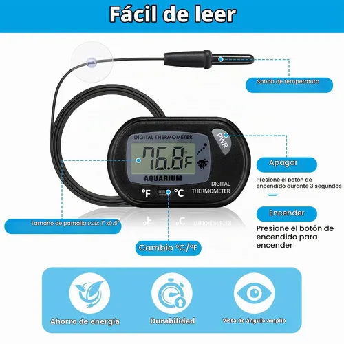 Vista 3 de DaToo Termómetro de acuario con pantalla LCD grande Fahrenheit/Celsius(℉/℃) Termómetro de tanque de peces para acuario, reptil, terrario, termómetro