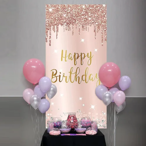 Vista 4 de Cartel de feliz cumpleaños de oro rosa rosa para mujer, pancarta de feliz cumpleaños para puerta y suministros de fiesta, grande 16, 21, 30, 40, 50
