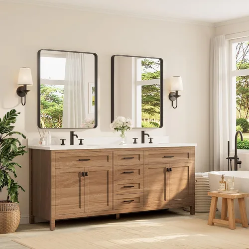 Vista 29 de TETOTE Espejo de marco dorado cepillado de 16 x 24 pulgadas, espejo de tocador de baño de latón dorado para pared, espejo enmarcado rectangular