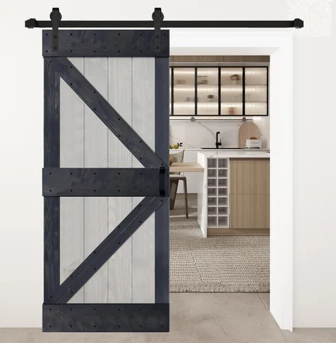 Vista 17 de Serie K - Puerta corrediza de granero de madera maciza con acabado marrón/nogal de 38 x 84 pulgadas con kit de herrajes (requiere montaje)