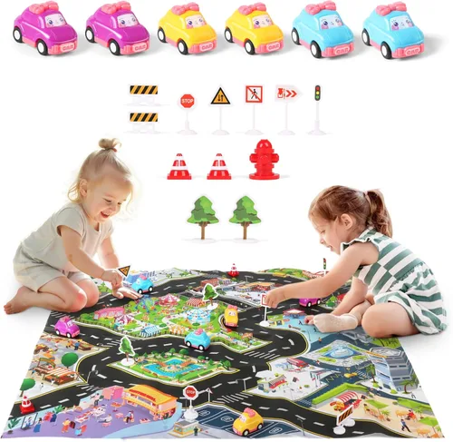 Vista 4 de Dwi Dowellin Juguete de avión rosa con 6 camiones y tapete de juego, avión con luces y sonidos para niños y niñas de 3, 4, 5, 6, 7 años