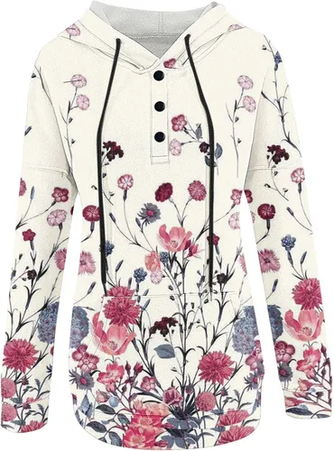 Vista 5 de Sudadera con capucha de manga larga con botones para mujer, con bolsillo, casual, con cordón y ligero