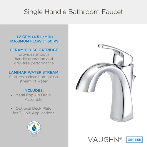 Vista 2 de Gerber Grifo de lavabo Vaughn de fontanería con drenaje emergente de metal