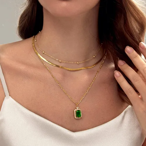 Vista 3 de Collares para mujer chapados en oro, esmeralda, corazón, apilable, gargantilla de cadena delicada, joyería para mujer, regalos simples