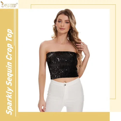Vista 2 de JASGOOD Tops cortos de lentejuelas brillantes para mujer, tops de tubo metálicos sin tirantes, corsé de sirena con purpurina para fiesta y club