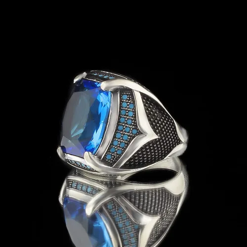 Vista 2 de 925 Sterling Silver Men's Ring with Blue Topaz Stone, Handmade Blue Topaz Stone Silver Ring, Gift for Him