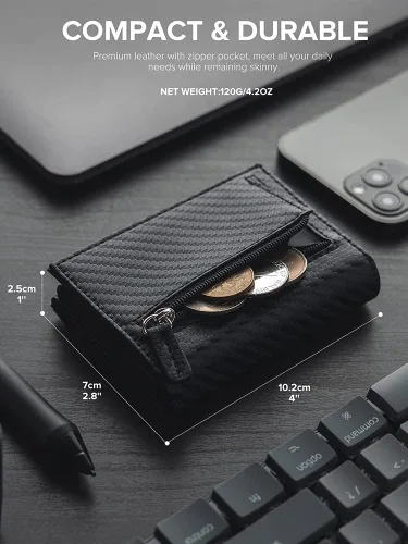 Vista 4 de SXNBH - Tarjetero de cuero genuino con bloqueo RFID, billetera plegable para hombre con compartimento para monedas y compartimento para billetes