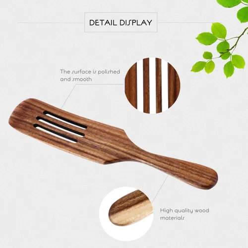 Vista 7 de Espátula de madera para cocinar, espátula ranurada de madera de acacia de 12.2 pulgadas con mango largo, espátula de cocina antiadherente para freír