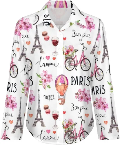 Vista 3 de Camisa con botones para mujer, casual, manga larga, ajuste holgado, blusa de moda con cuello en V, S