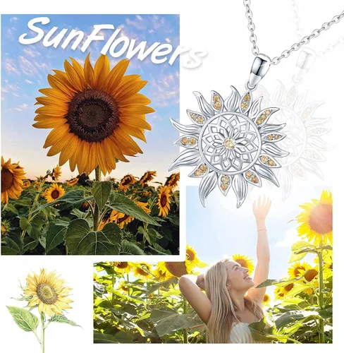 Vista 4 de AOVEAO Collar de girasol de plata de ley S925, joyería de girasol, colgante de girasol, regalo de joyería de verano para mujeres y niñas, Plata
