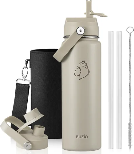 Vista 37 de BUZIO Botella de agua aislada de 24 oz, frasco de agua de boca ancha de acero inoxidable con tapa de pajita, frío durante 48 horas a prueba de Negro
