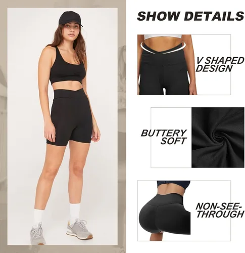Vista 4 de QGGQDD - Pantalones cortos bicicleteros de cintura alta para mujer, pantalones cortos deportivos de 5 pulgadas, sensación muy suave