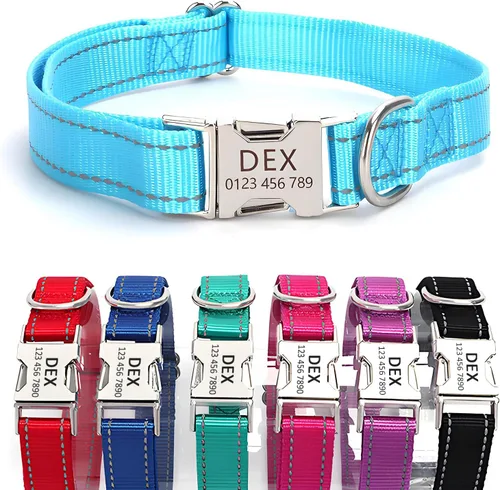 Vista 17 de Collar de perro de nailon reflectante personalizado con etiqueta de nombre Collares de perro con hebilla dorada grabados personalizados Collar