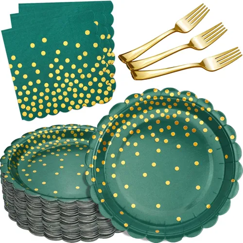 Vista 8 de 175 piezas de decoración de fiesta verde y dorada - Suministros de fiesta con platos y servilletas verdes - Platos de papel festoneados