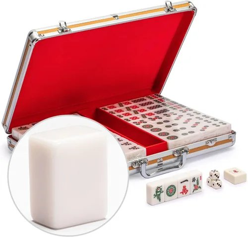 Vista 10 de Yellow Mountain Imports Juego de mahjong chino, "Azure Fortune" con 146 azulejos grandes, caja de aluminio, indicador de viento y dados, sin números