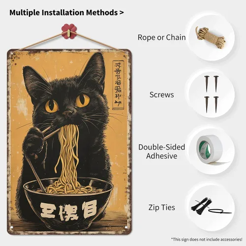 Vista 3 de Cartel de metal con diseño de gato japonés vintage, póster de gato negro comiendo ramen, retro divertido animal comida para amantes de los fideos