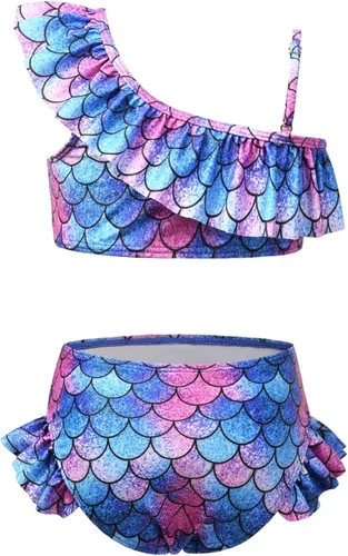 Vista 2 de QPANCY Trajes de baño de dos piezas para niñas con un hombro para niños