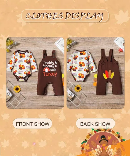 Vista 7 de My First Thanksgiving - Conjunto de 2 piezas para bebé, traje de pavo y overol con tirantes