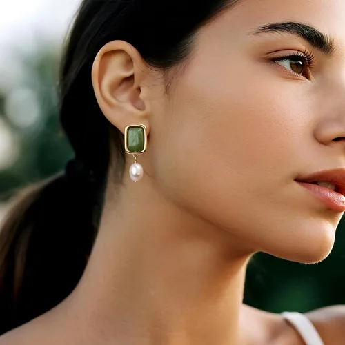 Vista 2 de Sonateomber Gold Gemstone Dangle Drop Earrings for Women,Chunky Statement Pearl Square Natural Stone Healing Dangling Earings Prom Wedding
