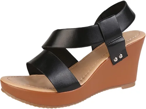 Vista 5 de HOSTINGG Sandalias de cuña para mujer, alpargatas de cuña para mujer, sandalias de plataforma con hebilla de tobillo y puntera abierta