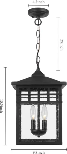Vista 4 de Farol colgante para exteriores para porche delantero, 10 pulgadas, grande, negro, lámpara colgante con pantalla de vidrio sembrado para patio