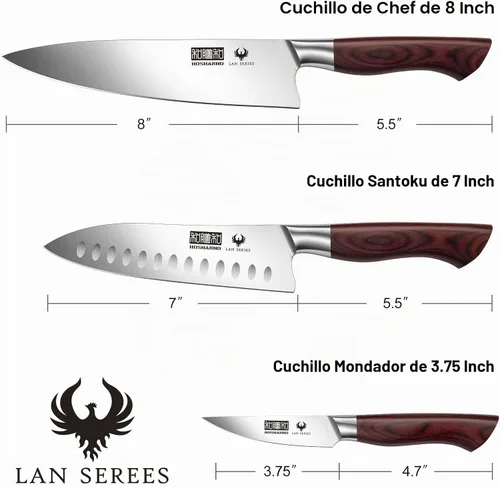 Vista 2 de HOSHANHO - Juego de cuchillos de cocina de 3 piezas, cuchillos de chef ultra afilados, Santoku/Pelar
