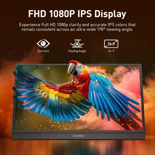 Vista 2 de KOORUI Monitor portátil de 15.6 pulgadas FHD 1080P IPS, segunda pantalla para viajes y oficina, monitor de juegos USB-C HDMI con soporte y altavoces