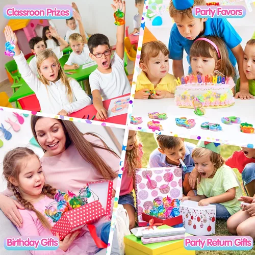 Vista 5 de Recuerdos de fiesta de unicornio para niños paquete de juguetes de mini llavero para reventar, regalos sensoriales a granel de burbujas para niños
